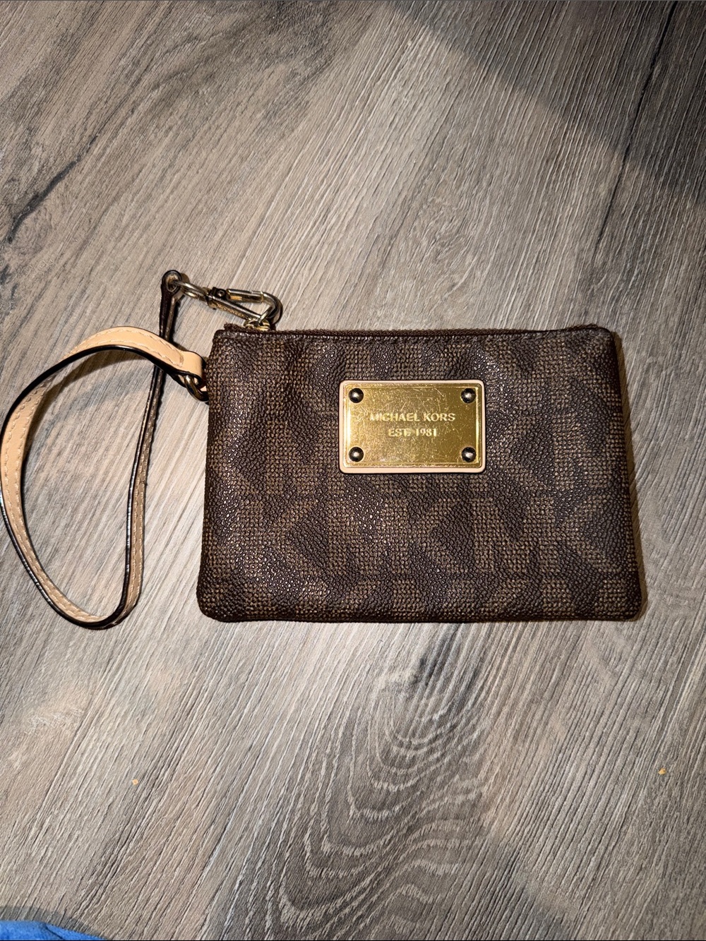 Michael Kors Dark Brown Logo Print Wristlet with Gold Plaque